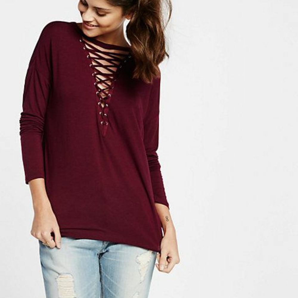 Express One Eleven Deep V-Neck Lace Up Lon…